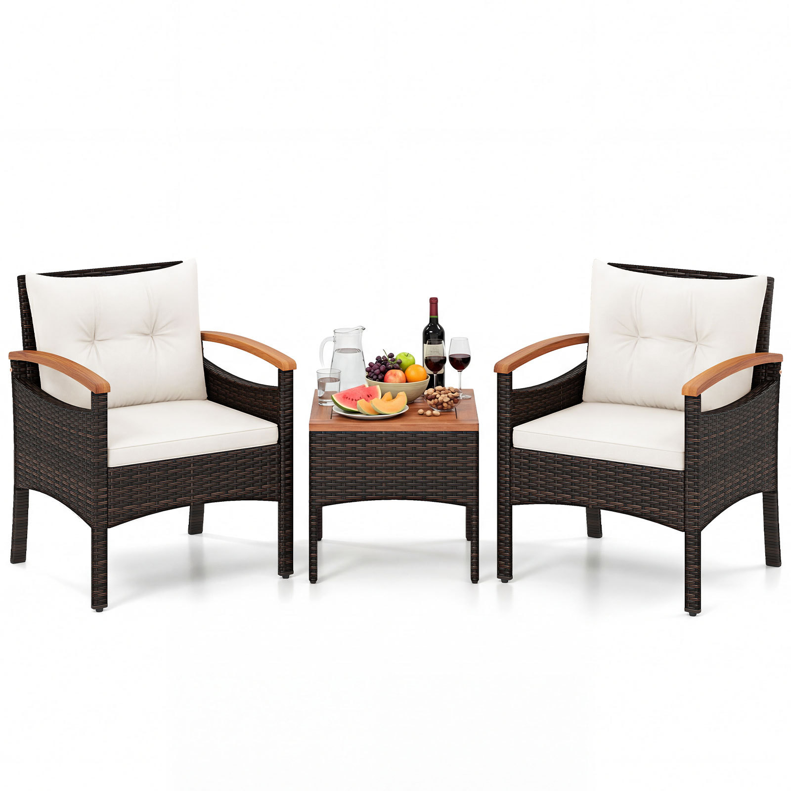 Set-bistro-patio-3-pezzi-con-piano-in-legno-di-acacia-e-braccioli-mediaId103573392-1775545989.jpg Costway Set bistro patio 3 pezzi con piano in legno di acacia e braccioli, Set di sedie da esterno con cuscini per giardino veranda Bianco - immagine 1