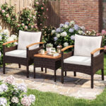 Costway Set bistro patio 3 pezzi con piano in legno di acacia e braccioli, Set di sedie da esterno con cuscini per giardino veranda Bianco - immagine 2