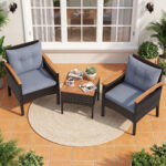 Costway Set bistro patio 3 pezzi con piano in legno di acacia e braccioli, Set di sedie da esterno con cuscini per giardino veranda Grigio - immagine 3