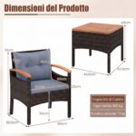 Costway Set bistro patio 3 pezzi con piano in legno di acacia e braccioli, Set di sedie da esterno con cuscini per giardino veranda Grigio - immagine 6