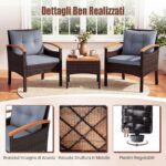 Costway Set bistro patio 3 pezzi con piano in legno di acacia e braccioli, Set di sedie da esterno con cuscini per giardino veranda Grigio - immagine 9