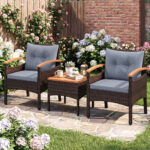 Costway Set bistro patio 3 pezzi con piano in legno di acacia e braccioli, Set di sedie da esterno con cuscini per giardino veranda Grigio - immagine 2