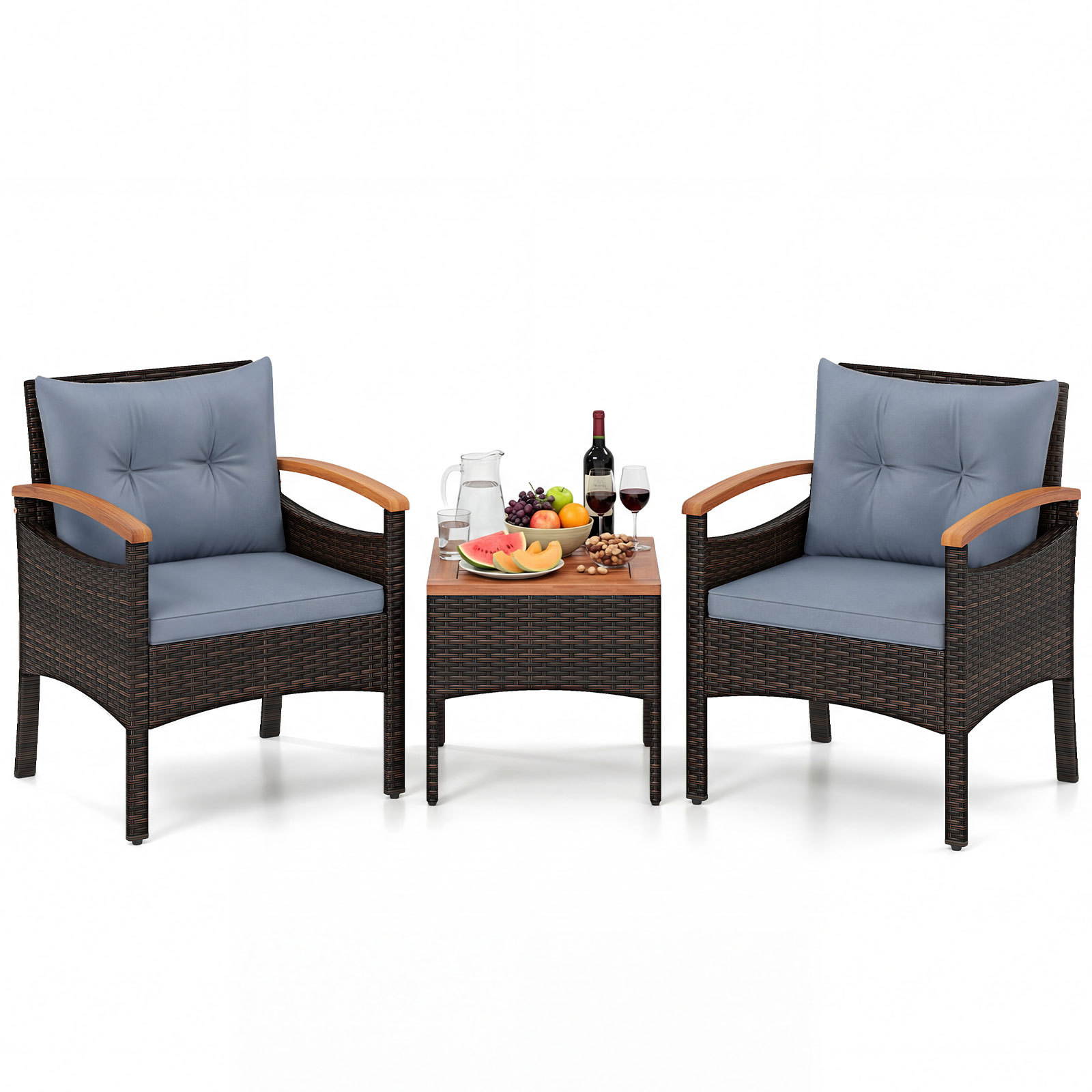 Set-bistro-patio-3-pezzi-con-piano-in-legno-di-acacia-e-braccioli-mediaId103573416-1776843972.jpg Costway Set bistro patio 3 pezzi con piano in legno di acacia e braccioli, Set di sedie da esterno con cuscini per giardino veranda Grigio - immagine 1