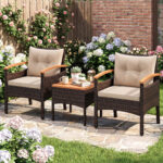 Costway Set bistro patio 3 pezzi con piano in legno di acacia e braccioli, Set di sedie da esterno con cuscini per giardino veranda Beige - immagine 2