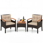 Costway Set bistro patio 3 pezzi con piano in legno di acacia e braccioli, Set di sedie da esterno con cuscini per giardino veranda Beige