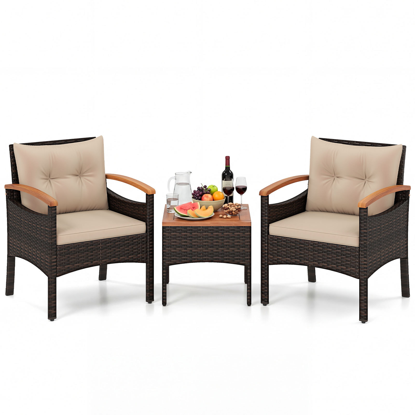 Set-bistro-patio-3-pezzi-con-piano-in-legno-di-acacia-e-braccioli-mediaId103877780-1775545847.jpg Costway Set bistro patio 3 pezzi con piano in legno di acacia e braccioli, Set di sedie da esterno con cuscini per giardino veranda Beige - immagine 1