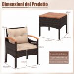 Costway Set bistro patio 3 pezzi con piano in legno di acacia e braccioli, Set di sedie da esterno con cuscini per giardino veranda Beige - immagine 6