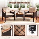 Costway Set bistro patio 3 pezzi con piano in legno di acacia e braccioli, Set di sedie da esterno con cuscini per giardino veranda Beige - immagine 9