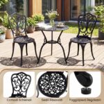 Costway Set bistrot da esterno 3 pezzi in alluminio pressofuso resistente alle intemperie, Mobili da giardino con foro ombrellone e schienali a farfalla Nero - immagine 8