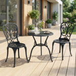 Costway Set bistrot da esterno 3 pezzi in alluminio pressofuso resistente alle intemperie, Mobili da giardino con foro ombrellone e schienali a farfalla Nero - immagine 2