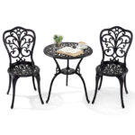 Costway Set bistrot da esterno 3 pezzi in alluminio pressofuso resistente alle intemperie, Mobili da giardino con foro ombrellone e schienali a farfalla Nero