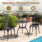 Costway Set bistrot da esterno 3 pezzi in alluminio pressofuso resistente alle intemperie, Mobili da giardino con foro ombrellone e schienali a farfalla Nero - immagine 7