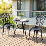 Costway Set bistrot da esterno 3 pezzi in alluminio pressofuso resistente alle intemperie, Mobili da giardino con foro ombrellone e schienali a farfalla Nero - immagine 3