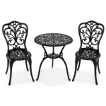 Costway Set bistrot da esterno 3 pezzi in alluminio pressofuso resistente alle intemperie, Mobili da giardino con foro ombrellone e schienali a farfalla Nero - immagine 5