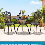 Costway Set bistrot da esterno 3 pezzi in alluminio pressofuso resistente alle intemperie, Mobili da giardino con foro ombrellone e schienali a farfalla Nero - immagine 4