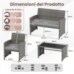 Costway Set conversazione patio 4 pezzi in vimini con cuscini e vetro temperato, Mobili da esterno per giardino veranda balcone Grigio - immagine 6