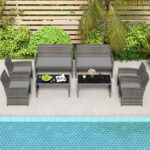 Costway Set conversazione patio 4 pezzi in vimini con cuscini e vetro temperato, Mobili da esterno per giardino veranda balcone Grigio - immagine 3