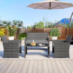 Costway Set conversazione patio 4 pezzi in vimini con cuscini e vetro temperato, Mobili da esterno per giardino veranda balcone Grigio - immagine 2