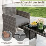 Costway Set conversazione patio 4 pezzi in vimini con cuscini e vetro temperato, Mobili da esterno per giardino veranda balcone Grigio - immagine 8