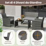 Costway Set conversazione patio 4 pezzi in vimini con cuscini e vetro temperato, Mobili da esterno per giardino veranda balcone Grigio - immagine 10