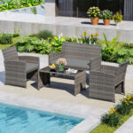 Costway Set conversazione patio 4 pezzi in vimini con cuscini e vetro temperato, Mobili da esterno per giardino veranda balcone Grigio - immagine 5