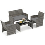 Costway Set conversazione patio 4 pezzi in vimini con cuscini e vetro temperato, Mobili da esterno per giardino veranda balcone Grigio