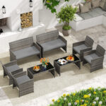 Costway Set conversazione patio 4 pezzi in vimini con cuscini e vetro temperato, Mobili da esterno per giardino veranda balcone Grigio - immagine 4