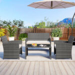 Costway Set conversazione patio 4 pezzi in vimini con cuscini e vetro temperato, Mobili da esterno per giardino veranda balcone Bianco - immagine 2