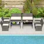 Costway Set conversazione patio 4 pezzi in vimini con cuscini e vetro temperato, Mobili da esterno per giardino veranda balcone Bianco - immagine 3