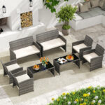 Costway Set conversazione patio 4 pezzi in vimini con cuscini e vetro temperato, Mobili da esterno per giardino veranda balcone Bianco - immagine 4
