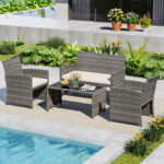 Costway Set conversazione patio 4 pezzi in vimini con cuscini e vetro temperato, Mobili da esterno per giardino veranda balcone Bianco - immagine 5