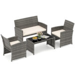 Costway Set conversazione patio 4 pezzi in vimini con cuscini e vetro temperato, Mobili da esterno per giardino veranda balcone Bianco