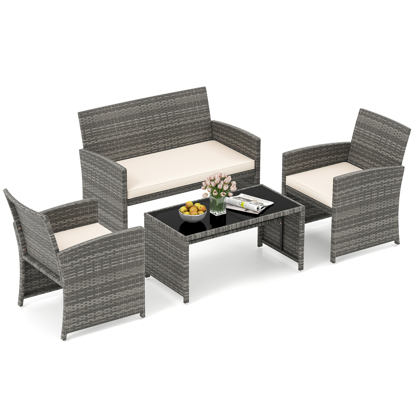 Set-conversazione-patio-4-pezzi-in-vimini-con-cuscini-e-vetro-temperato-mediaId103587691-1772702264.jpg Costway Set conversazione patio 4 pezzi in vimini con cuscini e vetro temperato, Mobili da esterno per giardino veranda balcone Bianco - immagine 1