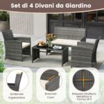 Costway Set conversazione patio 4 pezzi in vimini con cuscini e vetro temperato, Mobili da esterno per giardino veranda balcone Bianco - immagine 9