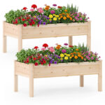 Costway Set da 2 letti da giardino rialzati con gambe per verdure fiori erbe, Kit da giardinaggio da esterno e interno per balcone Naturale
