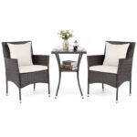 Costway Set da bistrò da esterno 3 pezzi 2 sedie in rattan con cuscini, Set da conversazione per giardino veranda e bordo piscina Beige