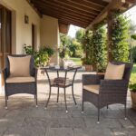 Costway Set da bistrò da esterno 3 pezzi 2 sedie in rattan con cuscini, Set da conversazione per giardino veranda e bordo piscina Marrone - immagine 4