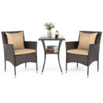 Costway Set da bistrò da esterno 3 pezzi 2 sedie in rattan con cuscini, Set da conversazione per giardino veranda e bordo piscina Marrone