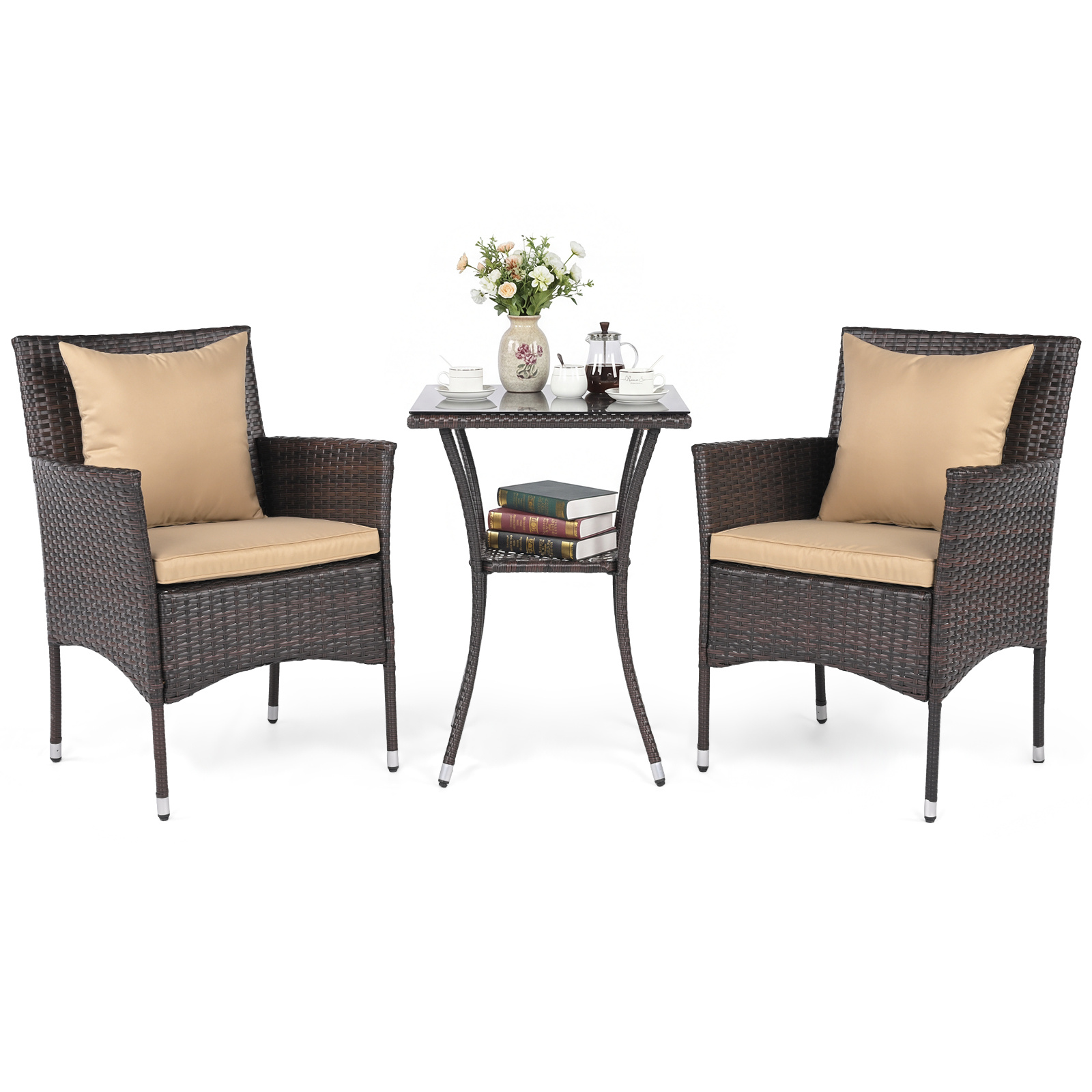 Set-da-bistr-da-esterno-3-pezzi-2-sedie-in-rattan-con-cuscini-mediaId103809705-1775029407.jpg Costway Set da bistrò da esterno 3 pezzi 2 sedie in rattan con cuscini, Set da conversazione per giardino veranda e bordo piscina Marrone - immagine 1