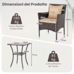 Costway Set da bistrò da esterno 3 pezzi 2 sedie in rattan con cuscini, Set da conversazione per giardino veranda e bordo piscina Marrone - immagine 6