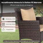 Costway Set da bistrò da esterno 3 pezzi 2 sedie in rattan con cuscini, Set da conversazione per giardino veranda e bordo piscina Marrone - immagine 7