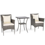 Costway Set da bistrò esterno 3 pezzi con 2 sedie in rattan e tavolo vetro temperato, Arredamento patio per giardino veranda e bordo piscina Beige