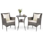 Costway Set da bistrò esterno 3 pezzi con 2 sedie in rattan e tavolo vetro temperato, Arredamento patio per giardino veranda e bordo piscina Beige - immagine 5
