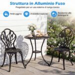 Costway Set da bistrot 3 pezzi in alluminio pressofuso con foro per ombrellone, Set da esterno per giardino cortile con decorazioni a tulipano Nero - immagine 8