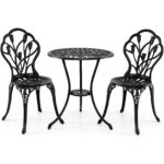 Costway Set da bistrot 3 pezzi in alluminio pressofuso con foro per ombrellone, Set da esterno per giardino cortile con decorazioni a tulipano Nero - immagine 4