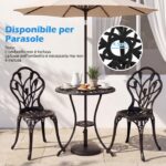 Costway Set da bistrot 3 pezzi in alluminio pressofuso con foro per ombrellone, Set da esterno per giardino cortile con decorazioni a tulipano Nero - immagine 10