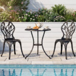 Costway Set da bistrot 3 pezzi in alluminio pressofuso con foro per ombrellone, Set da esterno per giardino cortile con decorazioni a tulipano Nero - immagine 2