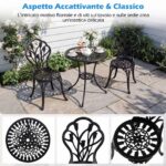 Costway Set da bistrot 3 pezzi in alluminio pressofuso con foro per ombrellone, Set da esterno per giardino cortile con decorazioni a tulipano Nero - immagine 9