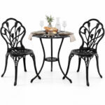 Costway Set da bistrot 3 pezzi in alluminio pressofuso con foro per ombrellone, Set da esterno per giardino cortile con decorazioni a tulipano Nero