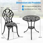 Costway Set da bistrot 3 pezzi in alluminio pressofuso con foro per ombrellone, Set da esterno per giardino cortile con decorazioni a tulipano Nero - immagine 5